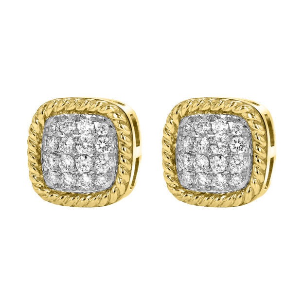Diamond Cushion Studs with Rope Border - 18K Gold | VS Clarity