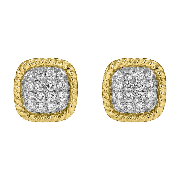 Diamond Cushion Studs with Rope Border - 18K Gold | VS Clarity
