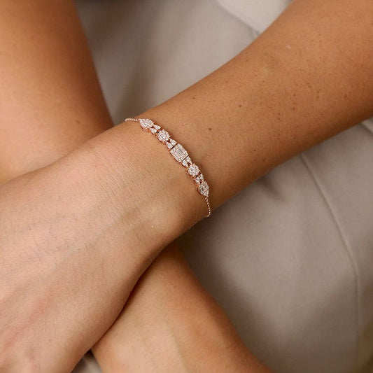 Baguette & Round Diamond Chain Bracelet - 18K Rose Gold | VS Clarity Natural Diamonds