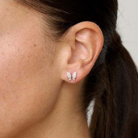 White and Black Diamonds Butterfly Stud Earrings - 18K Gold | VS Clarity