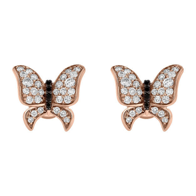 White and Black Diamonds Butterfly Stud Earrings - 18K Gold | VS Clarity