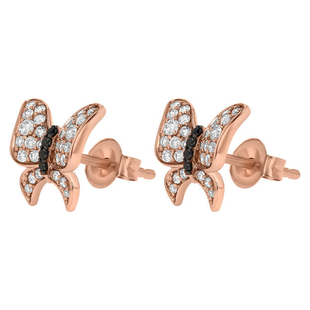 White and Black Diamonds Butterfly Stud Earrings - 18K Gold | VS Clarity
