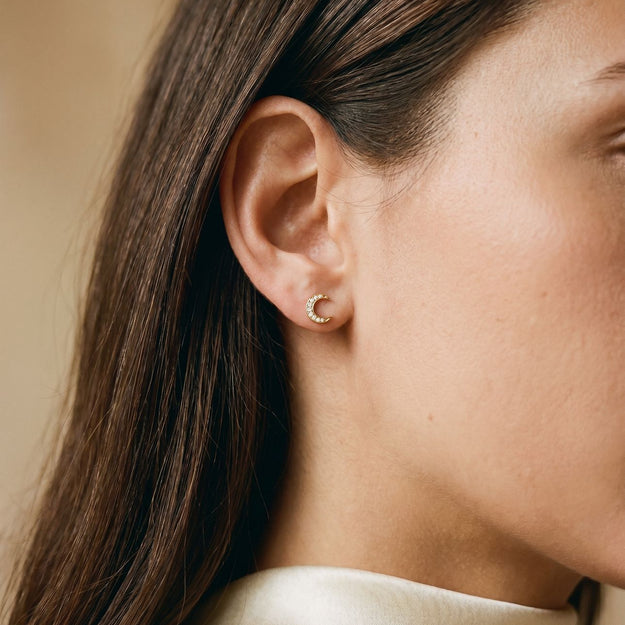 Crescent Moon Studs - 18K Gold | VS Clarity Natural Diamonds