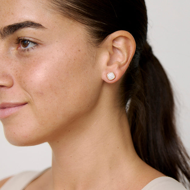 Diamond Cushion Studs with Rope Border - 18K Gold | VS Clarity