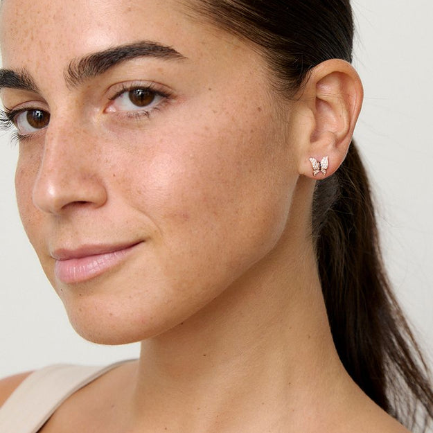 White and Black Diamonds Butterfly Stud Earrings - 18K Gold | VS Clarity