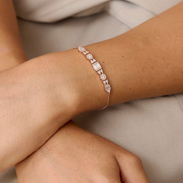Baguette & Round Diamond Chain Bracelet - 18K Rose Gold | VS Clarity Natural Diamonds