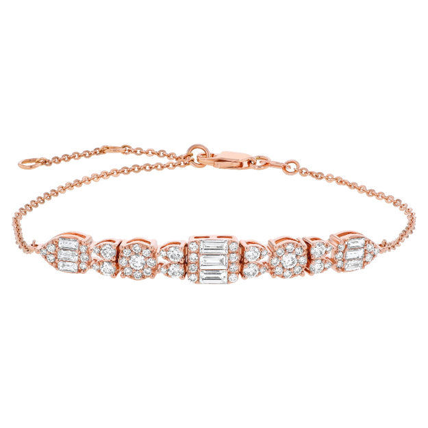 Baguette & Round Diamond Chain Bracelet - 18K Rose Gold | VS Clarity Natural Diamonds