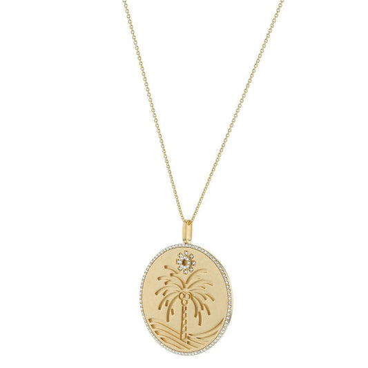 Sun and Palm Tree Medallion Necklace - 14K Gold | VS Clarity Lab Grown Diamonds