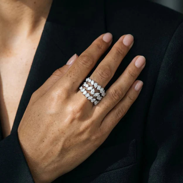 Triple Row Multi Shape Diamonds Ring - 18K Gold | VS Clarity Natural Diamonds