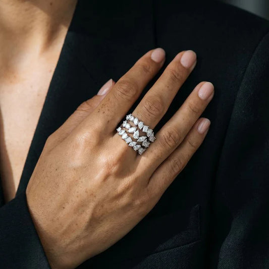 Triple Row Multi Shape Diamonds Ring - 18K Gold | VS Clarity Natural Diamonds